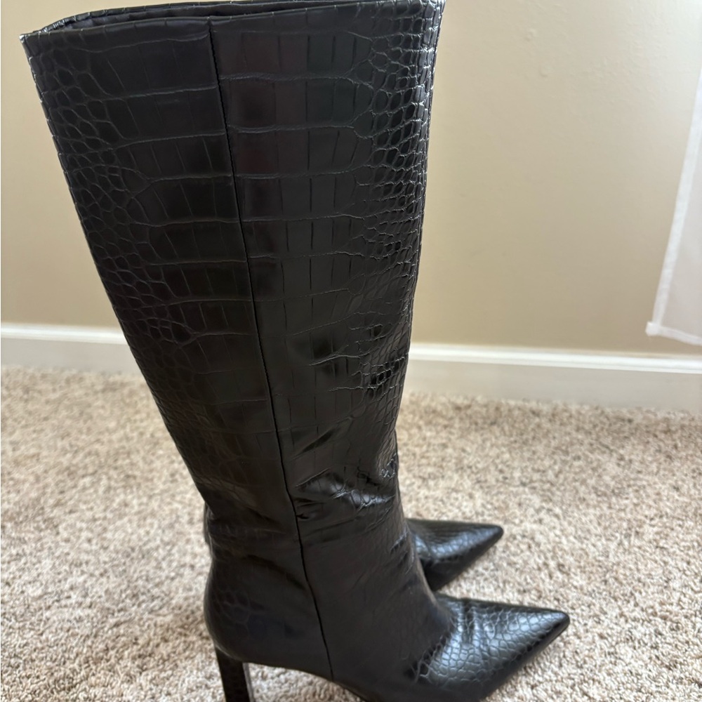 Black Croc-Embossed Knee-High Boots